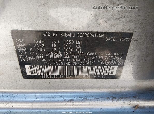 4S3GTAD62P3704462 2023 SUBARU IMPREZA Серебряный Вид подкапотного пространства