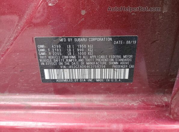 4S3GTAD64K3758256 2019 SUBARU IMPREZA Maroon Widok komory silnika