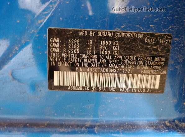 4S3GTAD66N3711721 2022 SUBARU IMPREZA Blue VIN կոդի պիտակի տեսք