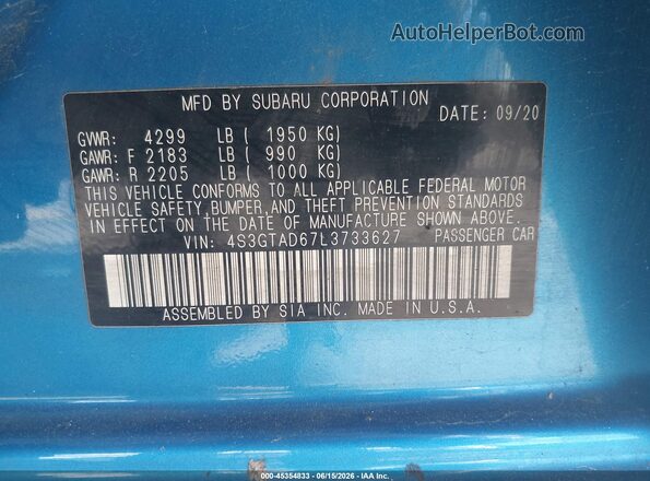 4S3GTAD67L3733627 2020 SUBARU IMPREZA Синий Вид подкапотного пространства