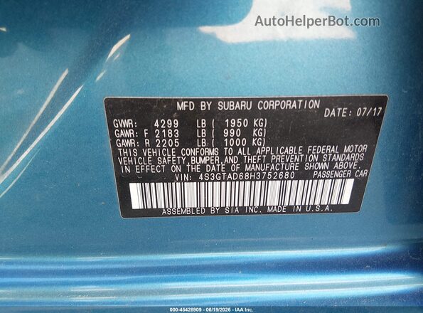 4S3GTAD68H3752680 2017 SUBARU IMPREZA Blue ძრავის განყოფილების ხედი