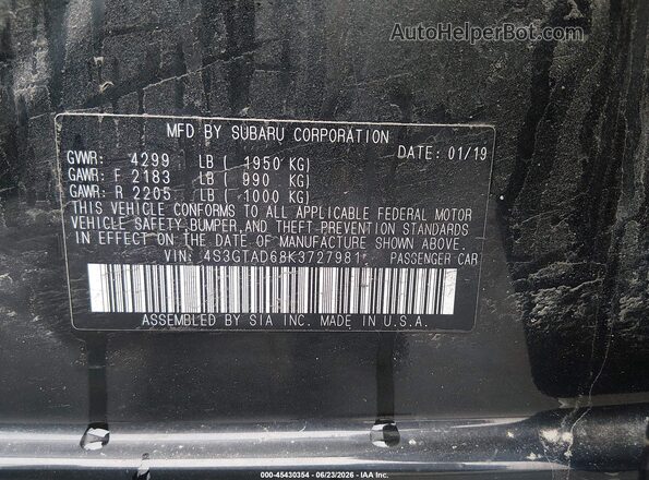 4S3GTAD68K3727981 2019 SUBARU IMPREZA Black ძრავის განყოფილების ხედი