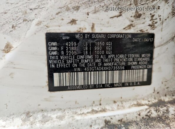 4S3GTAD6XH3735556 2017 SUBARU IMPREZA White VIN կոդի պիտակի տեսք