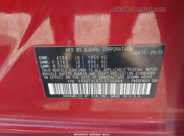 4S3GTAL67L3735444 2020 SUBARU IMPREZA Red Widok komory silnika