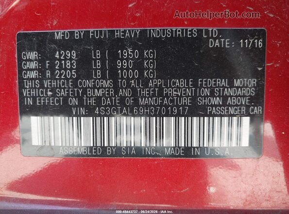 4S3GTAL69H3701917 2017 SUBARU IMPREZA Red ძრავის განყოფილების ხედი
