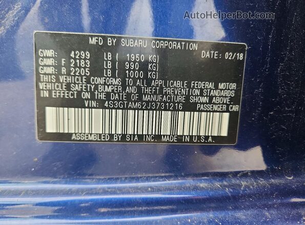 4S3GTAM62J3731216 2018 SUBARU IMPREZA Blue 
