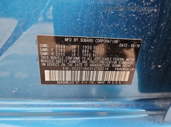 4S3GTAM63K3758216 2019 SUBARU IMPREZA Синий Вид подкапотного пространства