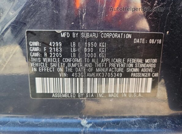 4S3GTAM6XK3705349 2019 SUBARU IMPREZA Blue VIN sticker view