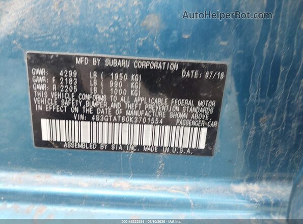 4S3GTAT60K3701554 2019 SUBARU IMPREZA Синий Вид наклейки с VIN-кодом