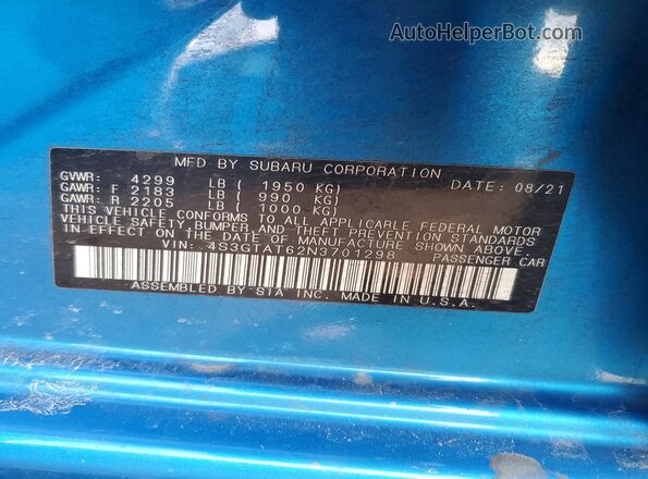 4S3GTAT62N3701298 2022 SUBARU IMPREZA Blue VIN კოდის სტიკერის ხედი