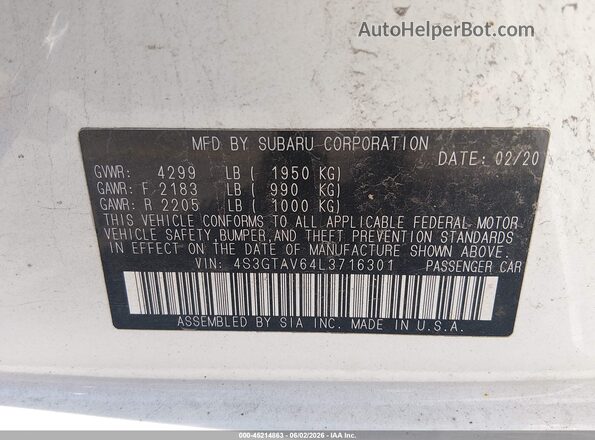 4S3GTAV64L3716301 2020 SUBARU IMPREZA White 