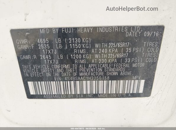 4S4BSAAC1H3250158 2017 SUBARU OUTBACK Белый Вид подкапотного пространства