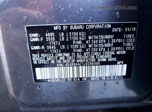 4S4BSAAC1J3296465 2018 SUBARU OUTBACK Gray Vista de la etiqueta del VIN