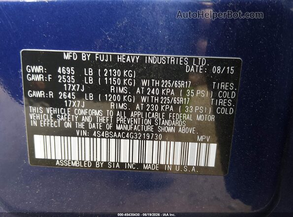 4S4BSAAC4G3219730 2016 SUBARU OUTBACK Blue Widok komory silnika