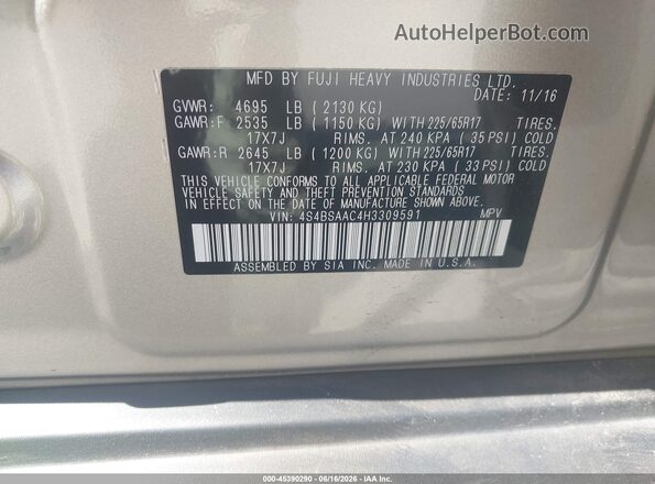 4S4BSAAC4H3309591 2017 SUBARU OUTBACK Кремовый Вид подкапотного пространства