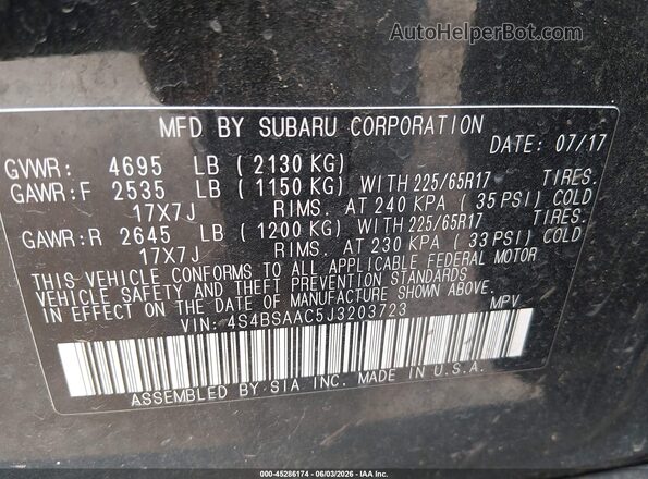 4S4BSAAC5J3203723 2018 SUBARU OUTBACK Black Engine compartment view