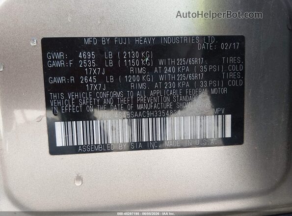 4S4BSAAC9H3354834 2017 SUBARU OUTBACK Серебряный Вид подкапотного пространства