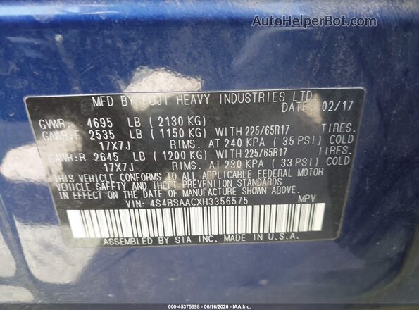 4S4BSAACXH3356575 2017 SUBARU OUTBACK Blue Vista del compartimento del motor