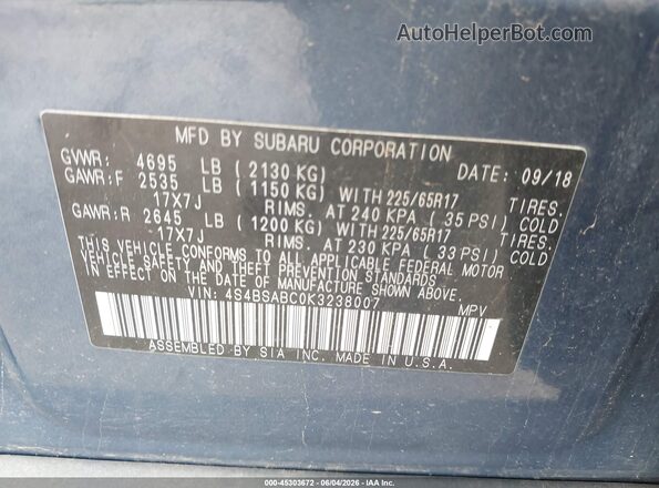 4S4BSABC0K3238007 2019 SUBARU OUTBACK Dark Blue Вид підкапотного простору