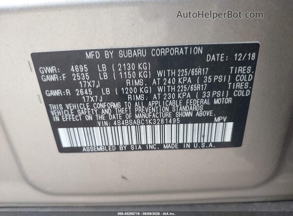 4S4BSABC1K3281495 2019 SUBARU OUTBACK Beige Engine compartment view