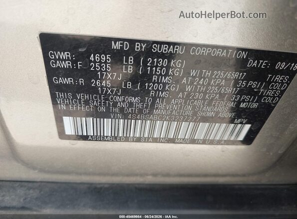 4S4BSABC2K3237277 2019 SUBARU OUTBACK Gold ძრავის განყოფილების ხედი
