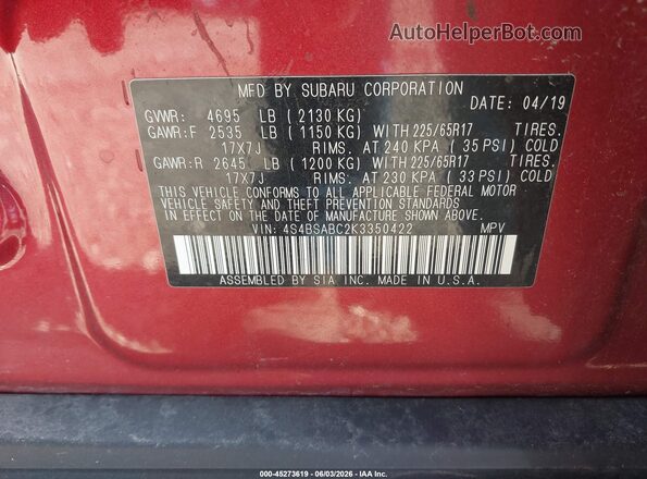 4S4BSABC2K3350422 2019 SUBARU OUTBACK Red Շարժիչի բաժամունքի տեսք