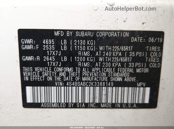 4S4BSABC2K3388149 2019 SUBARU OUTBACK White Engine compartment view