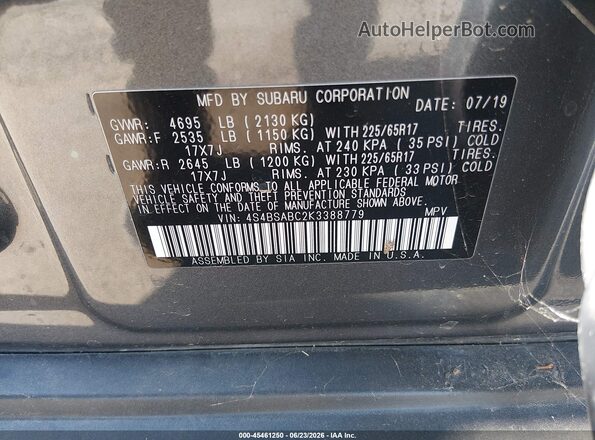 4S4BSABC2K3388779 2019 SUBARU OUTBACK Gray Vista del compartimento del motor