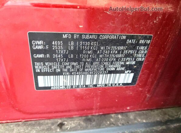4S4BSABC4K3228337 2019 SUBARU OUTBACK Red 