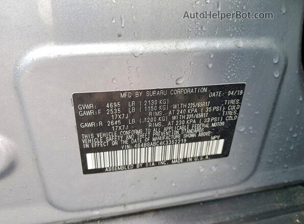 4S4BSABC4K3352219 2019 SUBARU OUTBACK Gray Vista del compartimento del motor