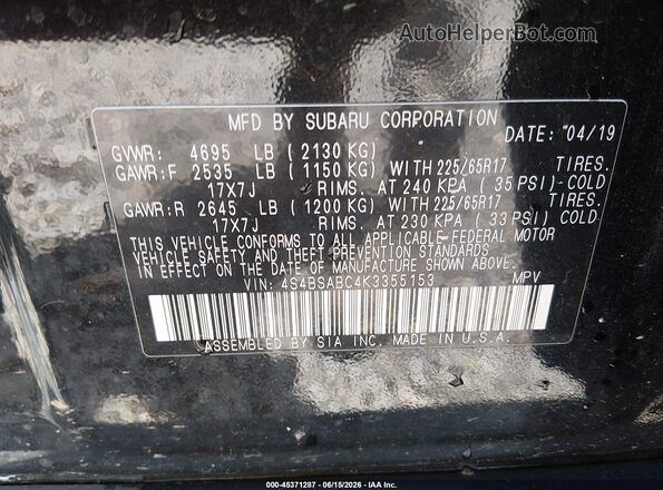 4S4BSABC4K3355153 2019 SUBARU OUTBACK Черный Вид подкапотного пространства