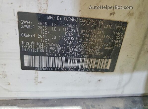 4S4BSABC5K3329788 2019 SUBARU OUTBACK White Вид наклейки з VIN-кодом