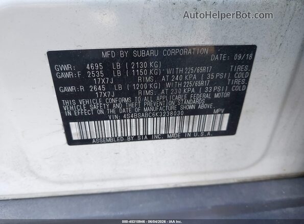 4S4BSABC6K3238030 2019 SUBARU OUTBACK White Շարժիչի բաժամունքի տեսք