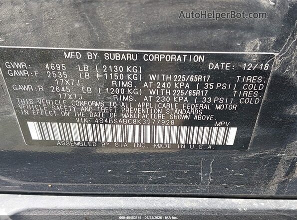 4S4BSABC8K3277928 2019 SUBARU OUTBACK Gray Vista del compartimento del motor