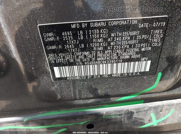 4S4BSABC8K3390116 2019 SUBARU OUTBACK Серый Вид подкапотного пространства