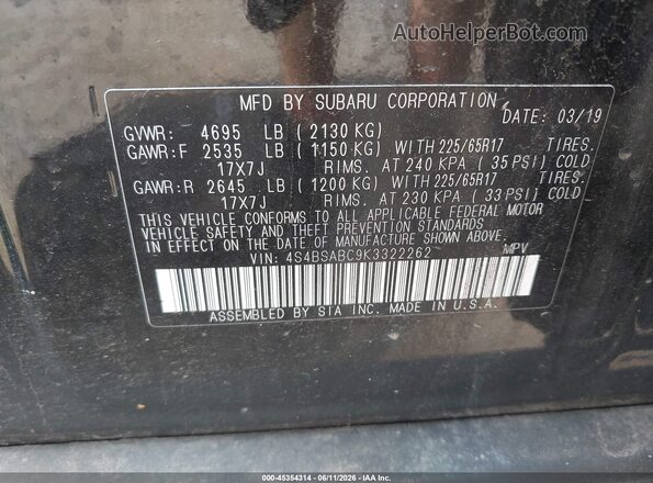 4S4BSABC9K3322262 2019 SUBARU OUTBACK Black Շարժիչի բաժամունքի տեսք