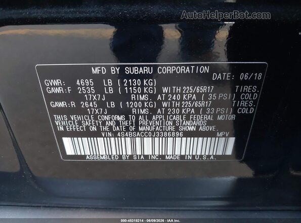 4S4BSACC0J3386896 2018 SUBARU OUTBACK Black Շարժիչի բաժամունքի տեսք