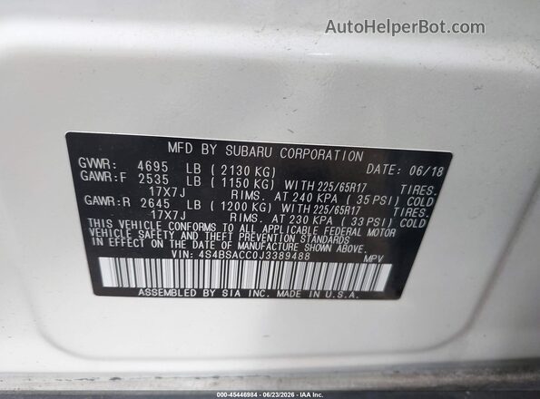4S4BSACC0J3389488 2018 SUBARU OUTBACK Белый Вид подкапотного пространства