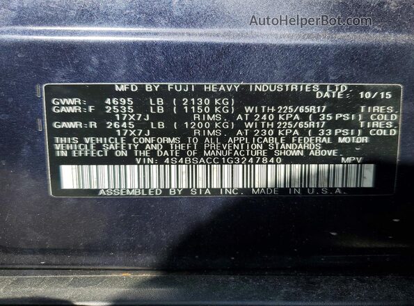 4S4BSACC1G3247840 2016 SUBARU OUTBACK Blue 