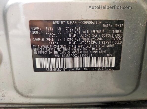 4S4BSACC2J3250284 2018 SUBARU OUTBACK Silver 
