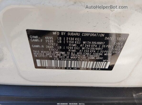4S4BSACC2J3287092 2018 SUBARU OUTBACK White ძრავის განყოფილების ხედი