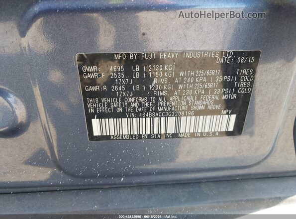 4S4BSACC3G3208196 2016 SUBARU OUTBACK Blue Engine compartment view
