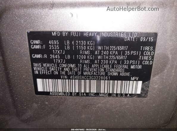 4S4BSACC3G3228061 2016 SUBARU OUTBACK Gold Vista del compartimento del motor