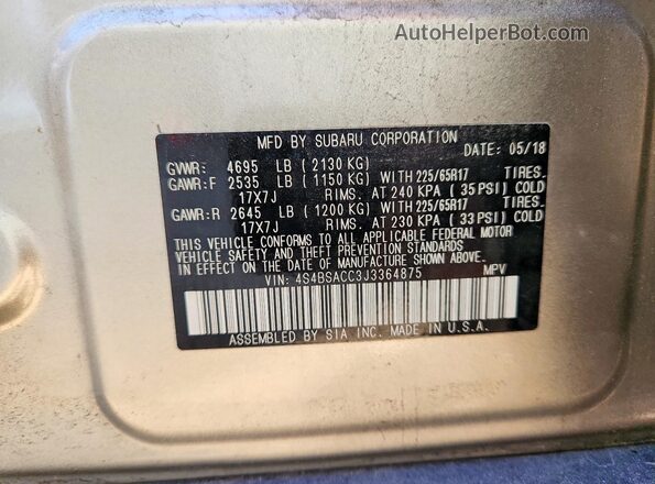 4S4BSACC3J3364875 2018 SUBARU OUTBACK Silver VIN sticker view