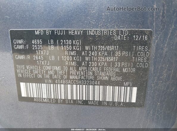 4S4BSACC5H3323044 2017 SUBARU OUTBACK Blue Vista del compartimento del motor