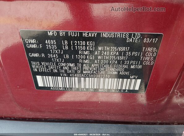 4S4BSACC5H3382210 2017 SUBARU OUTBACK Burgundy Вид підкапотного простору