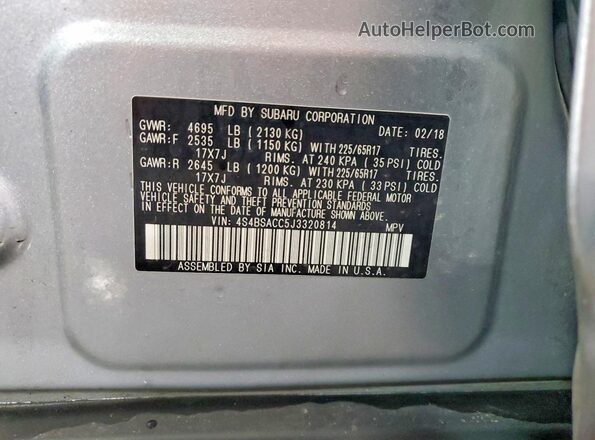 4S4BSACC5J3320814 2018 SUBARU OUTBACK Silver Vista de la etiqueta del VIN