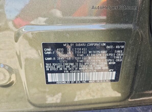 4S4BSACC5J3326726 2018 SUBARU OUTBACK Green Vista de la etiqueta del VIN