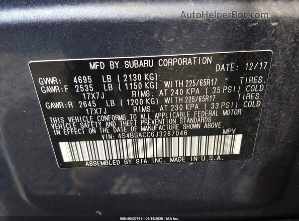 4S4BSACC6J3287046 2018 SUBARU OUTBACK Синий Вид подкапотного пространства