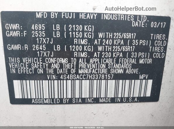 4S4BSACC7H3378157 2017 SUBARU OUTBACK Белый Вид подкапотного пространства
